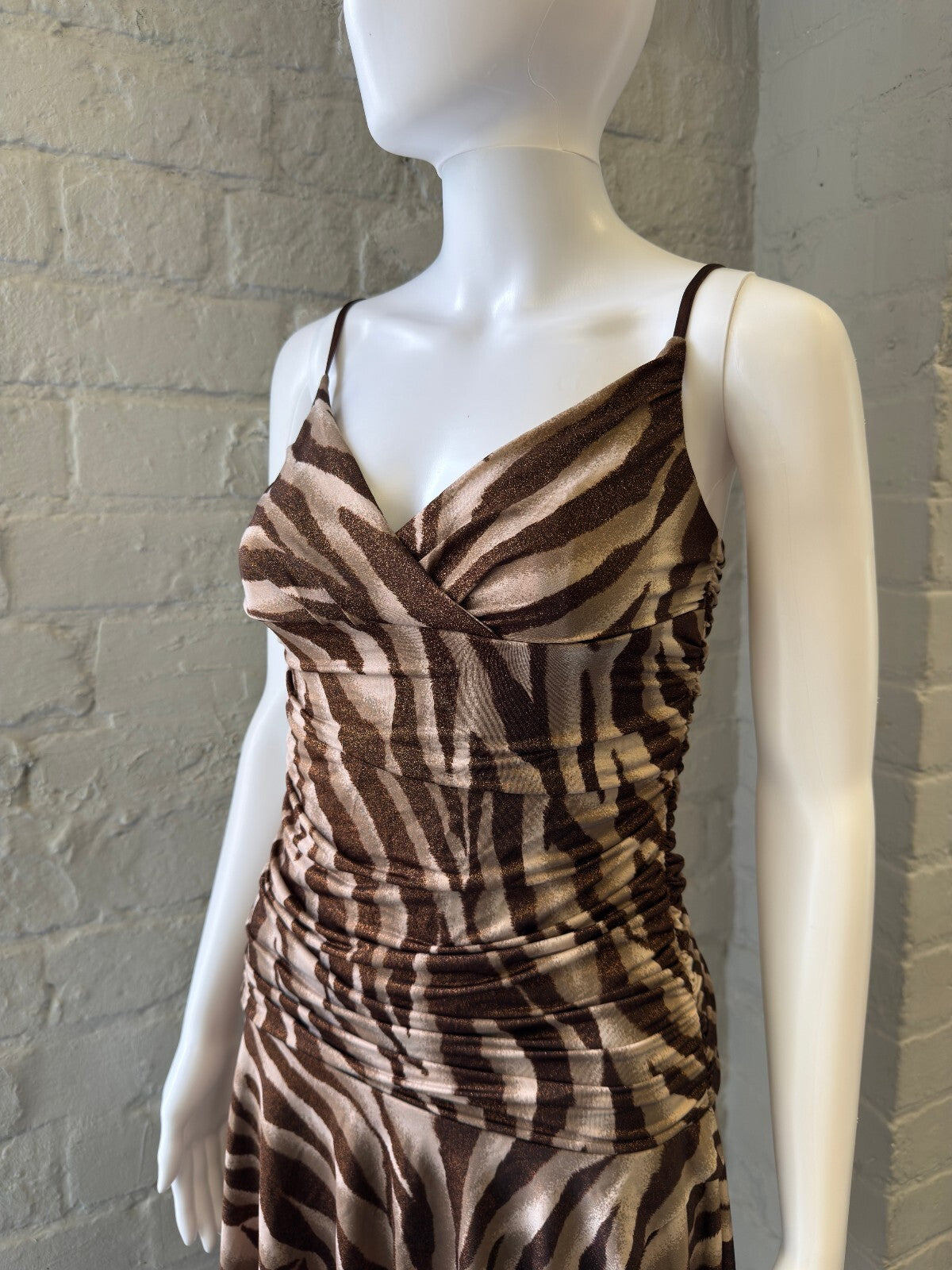 Brown Zebra Print Ruched Spaghetti Strap Dress