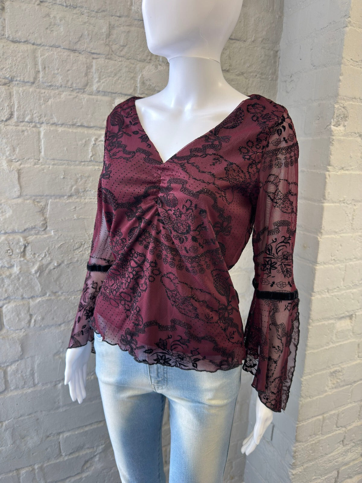 Gothic Burgundy Lace Bell Sleeve Blouse