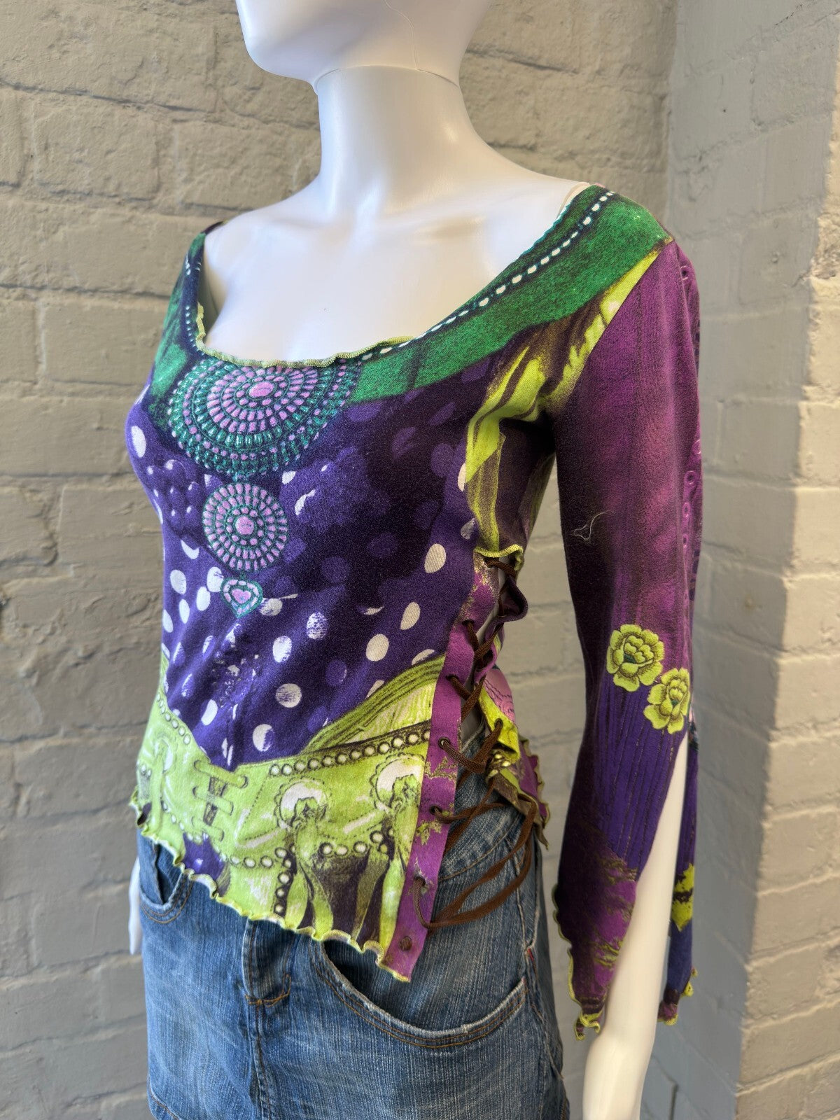 Purple and Green Patterned Top with Lace-Up Detail