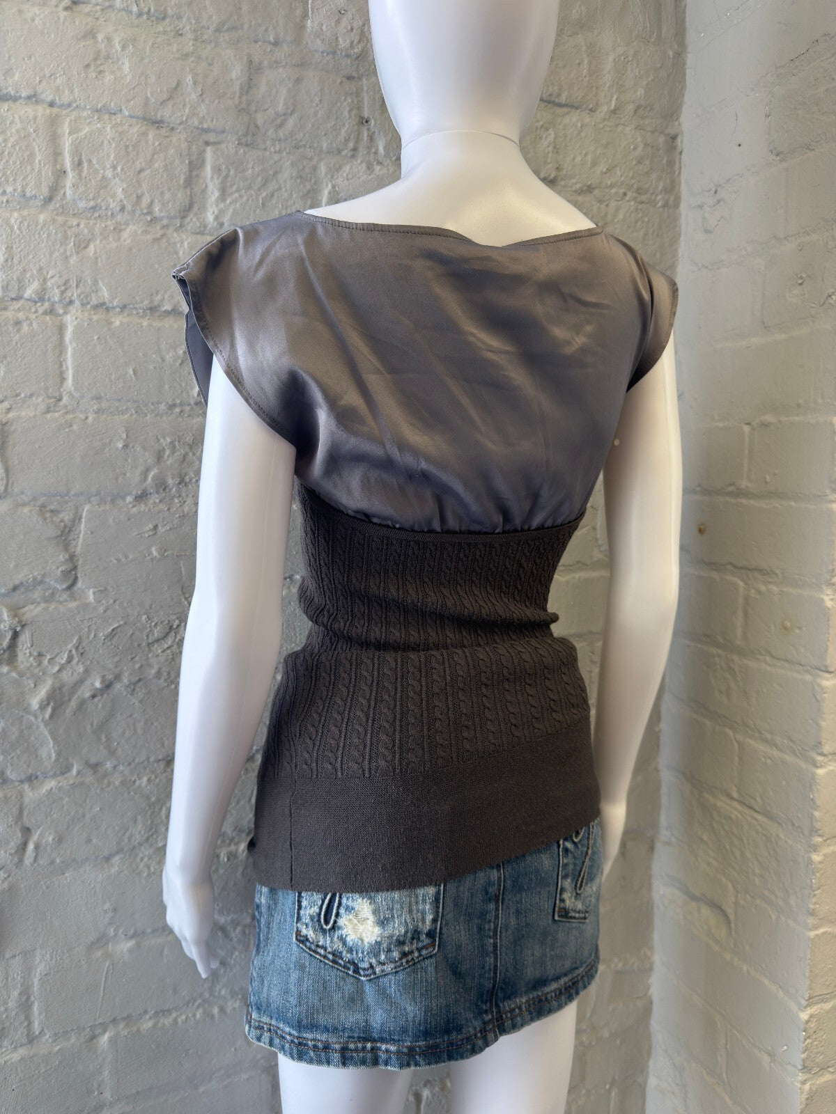 Grey Knit and Satin Blend Cap Sleeve Top