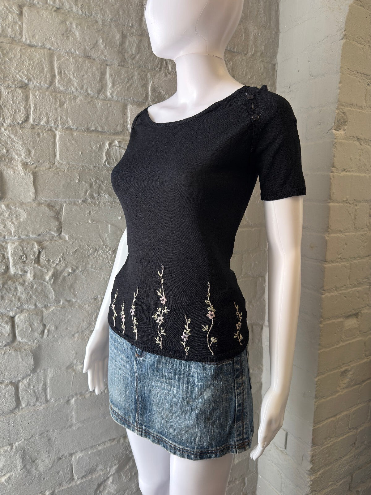 Black Knit Top with Floral Embroidery and Button Detail