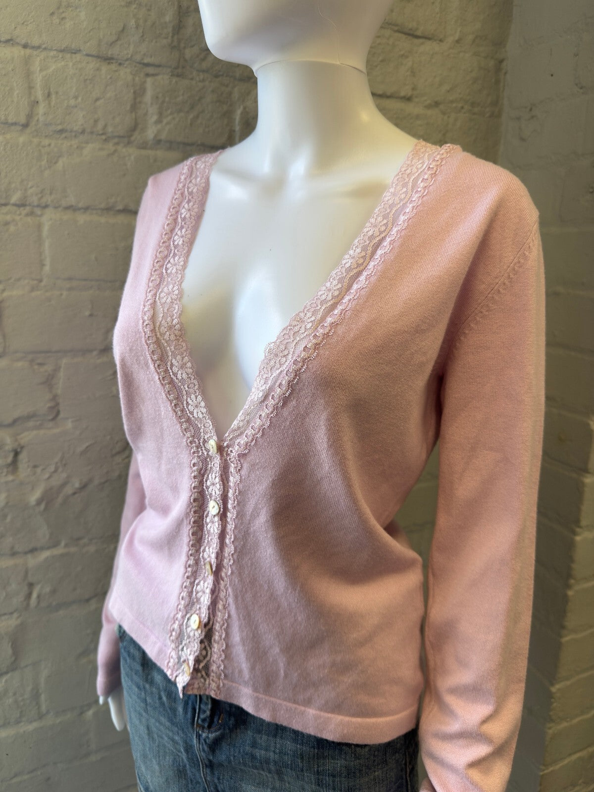 Pink Lace Trim Button-Up Cardigan