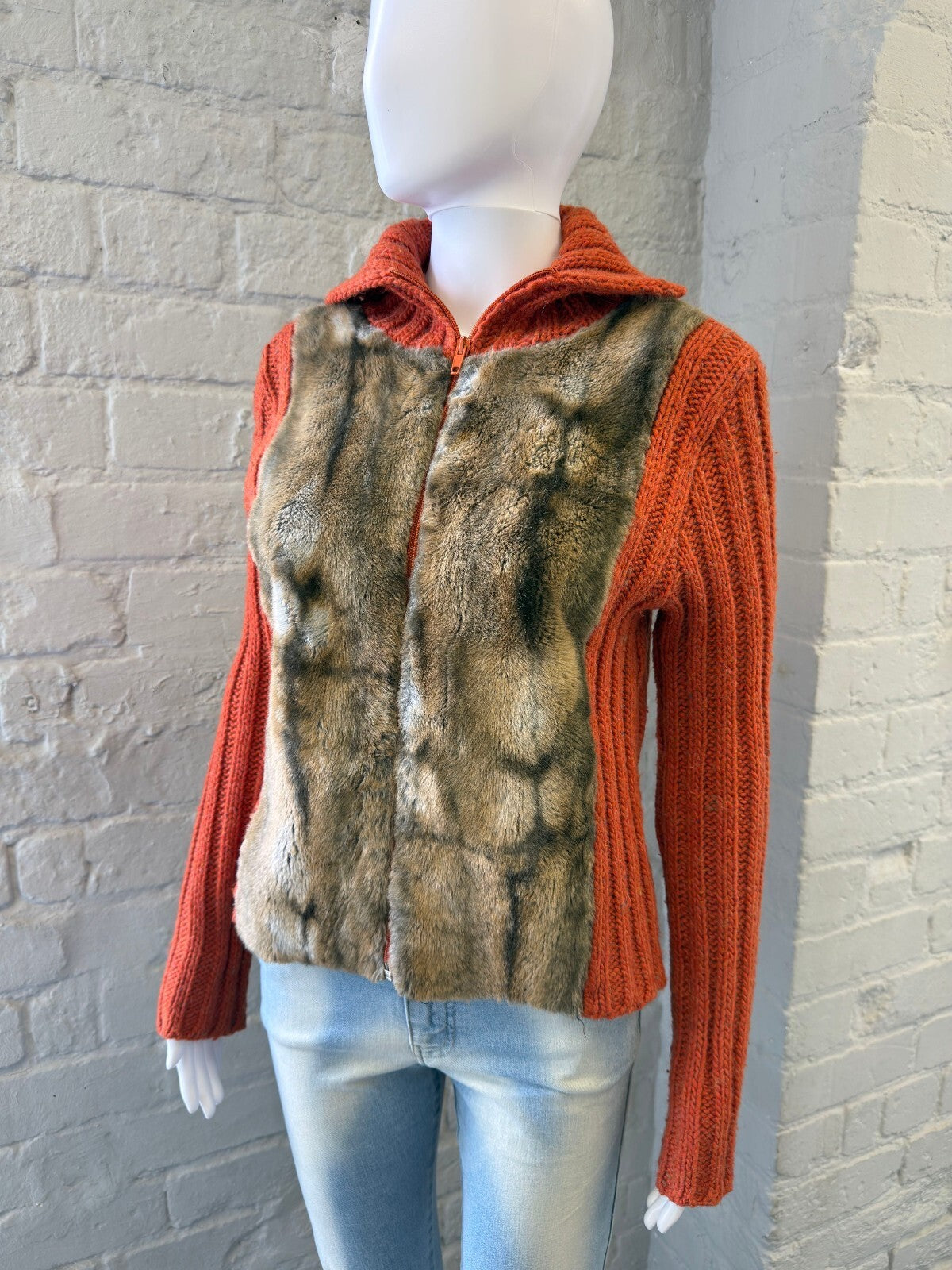 Vintage Orange Knit Zip-Up Cardigan with Faux Fur Front