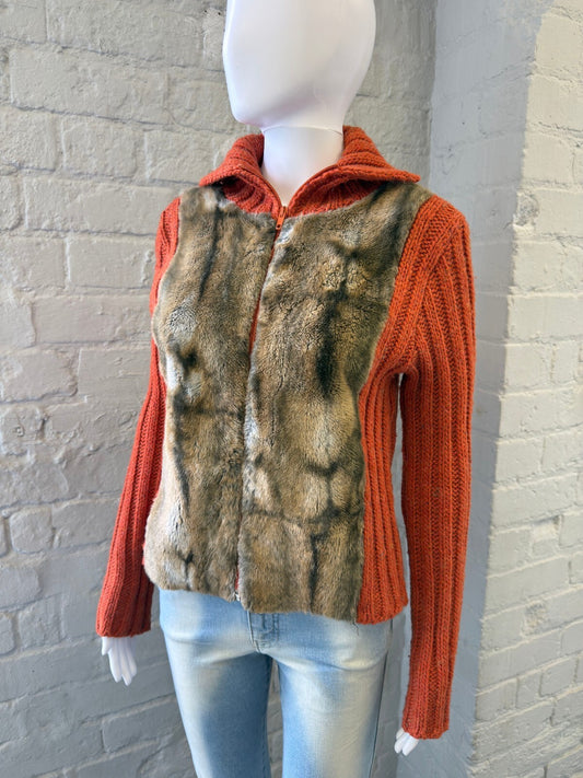 Vintage Orange Knit Zip-Up Cardigan with Faux Fur Front