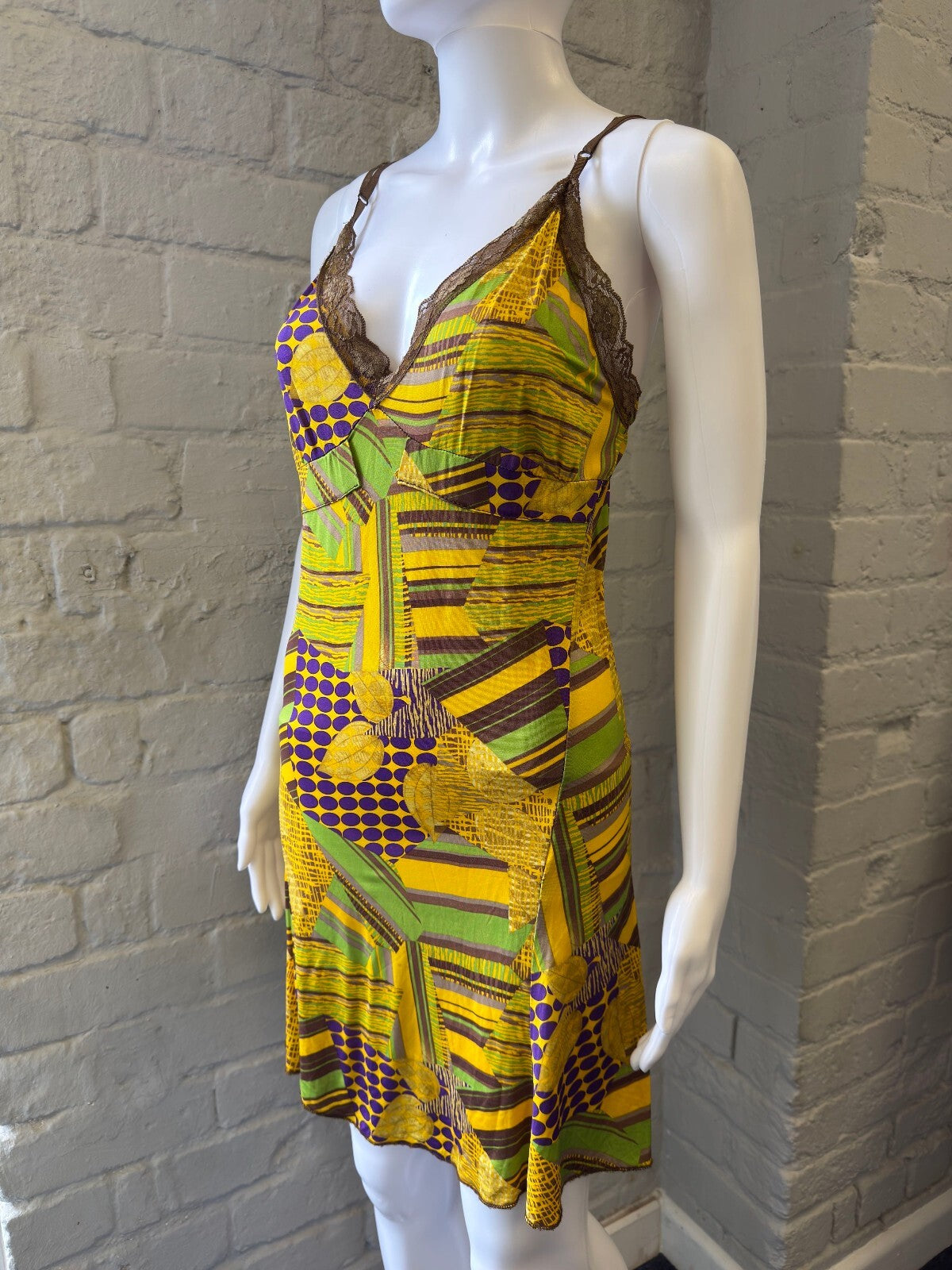 Yellow Geometric Print Slip Dress with Brown Lace Trim