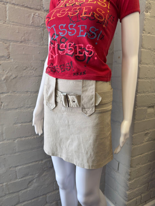 Cream Mini Skirt with Belt Detail