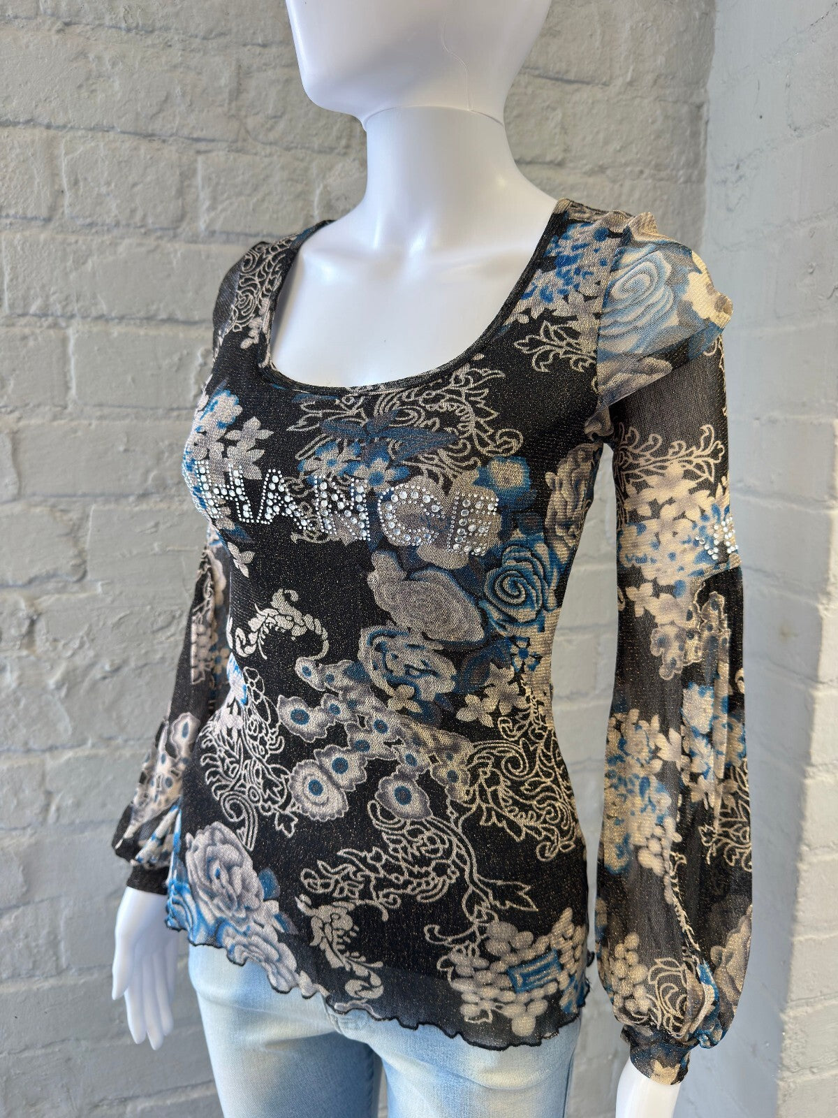Y2K Floral Patterned Mesh Long Sleeve Top