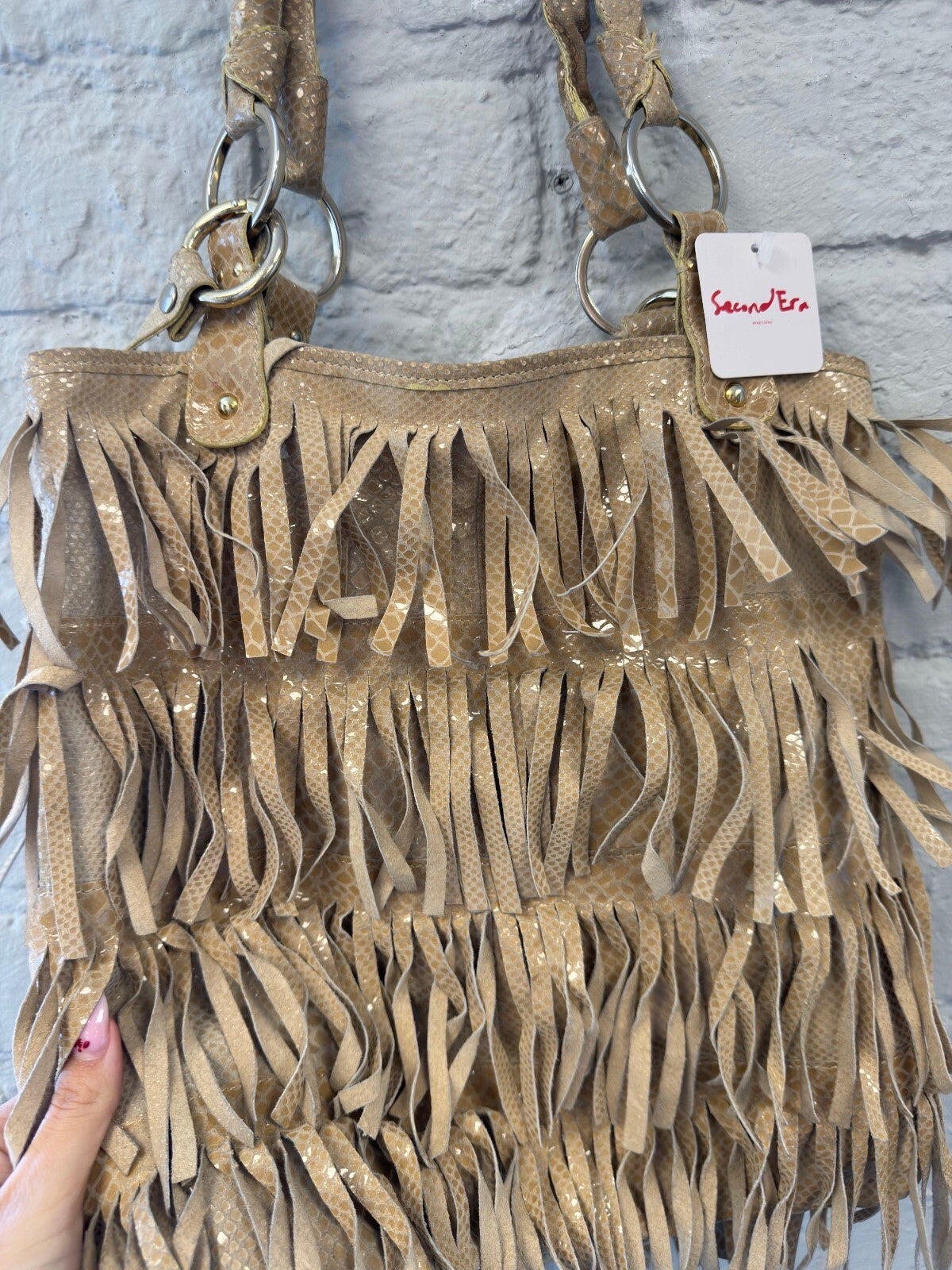 Beige Fringe Shoulder Bag with Snake Texture