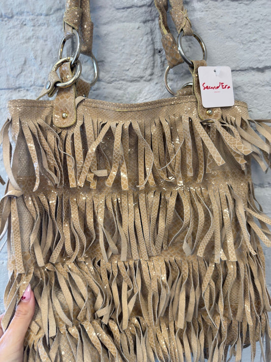 Beige Fringe Shoulder Bag with Snake Texture