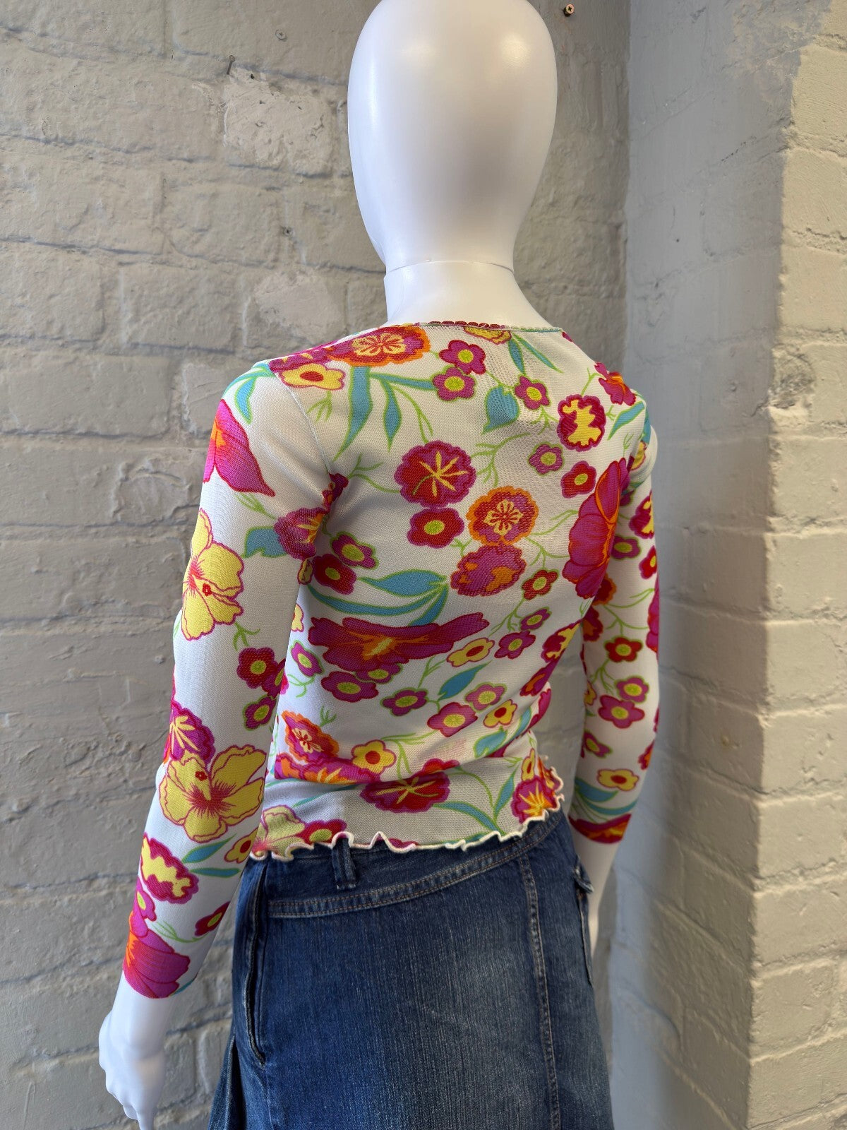 2000s Floral Print Mesh 3/4 Sleeve Top