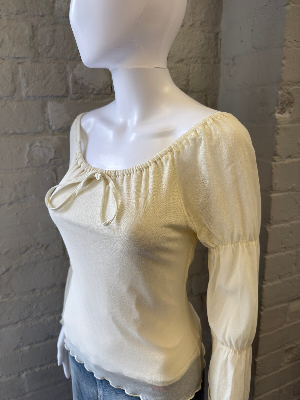 2000s Cream Sheer Long Sleeve Top with Bow Detail