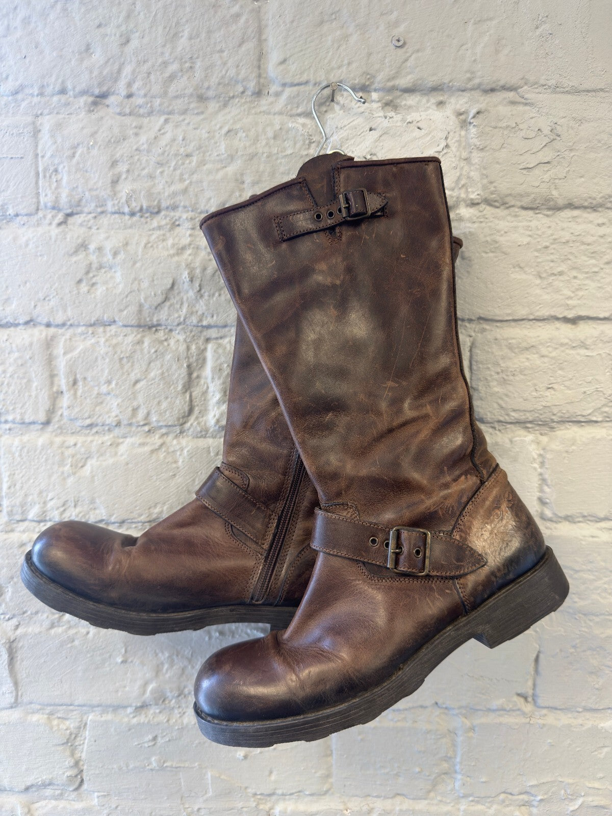 Brown Leather Mid-Calf Buckle Boots