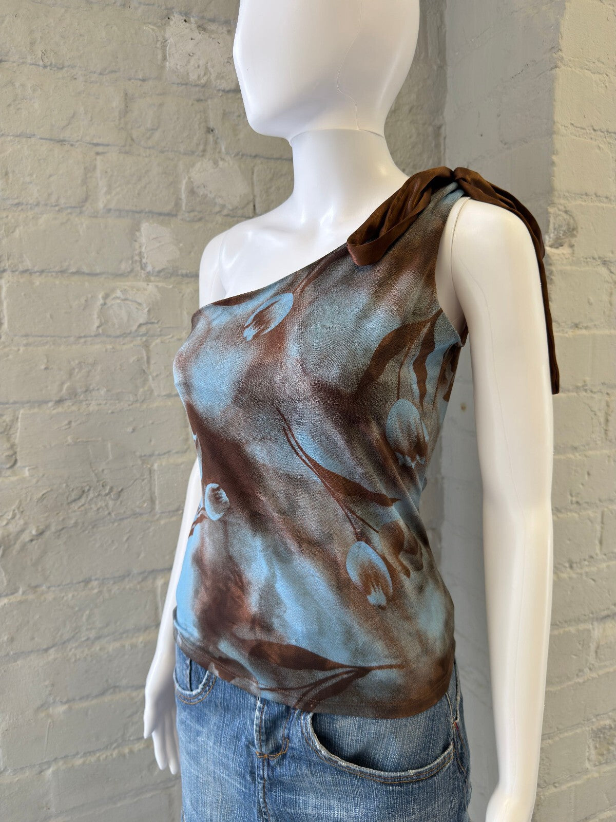 One-Shoulder Blue and Brown Floral Print Top