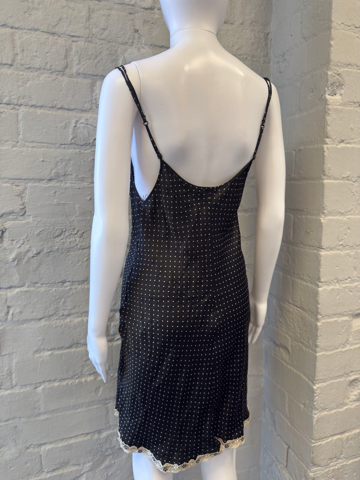 Silk Black Polka Dot Slip Dress with Lace Trim