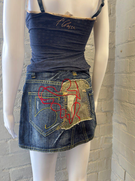 Denim Mini Skirt with Embroidered Patches