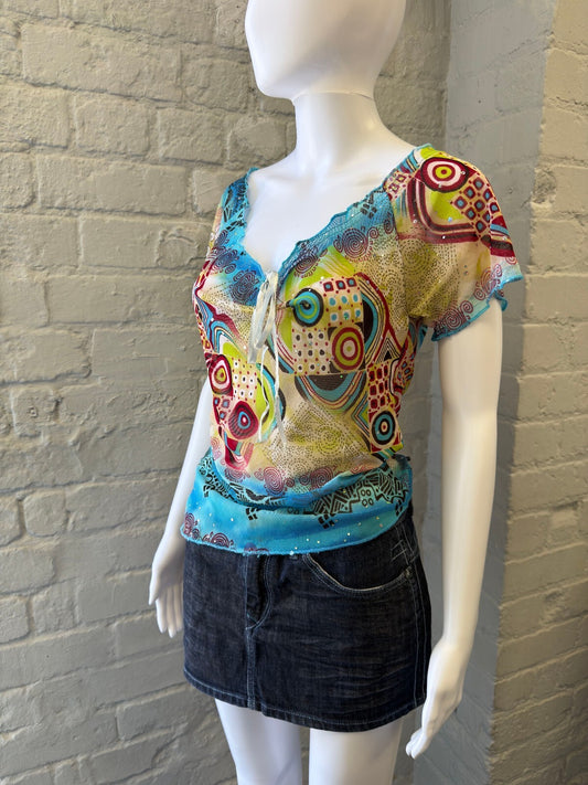Multicolour Patterned Sheer Mesh Top