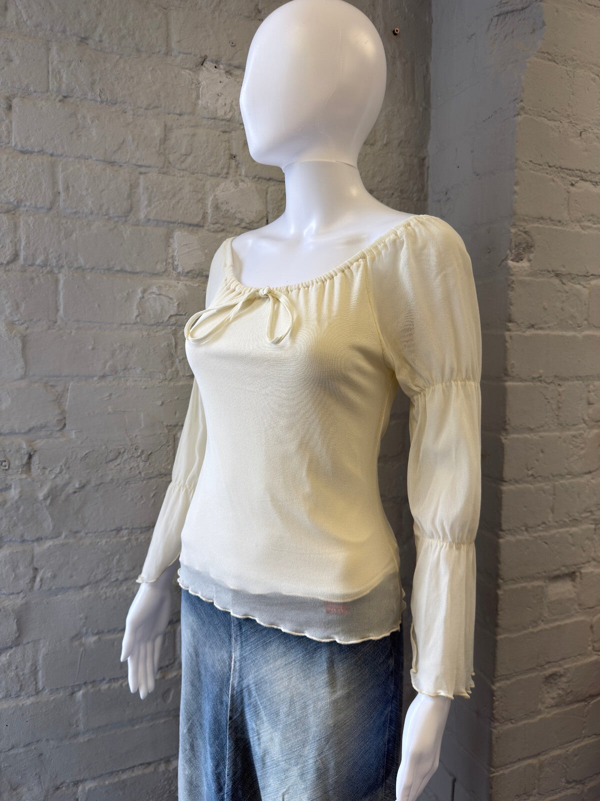 2000s Cream Sheer Long Sleeve Top with Bow Detail