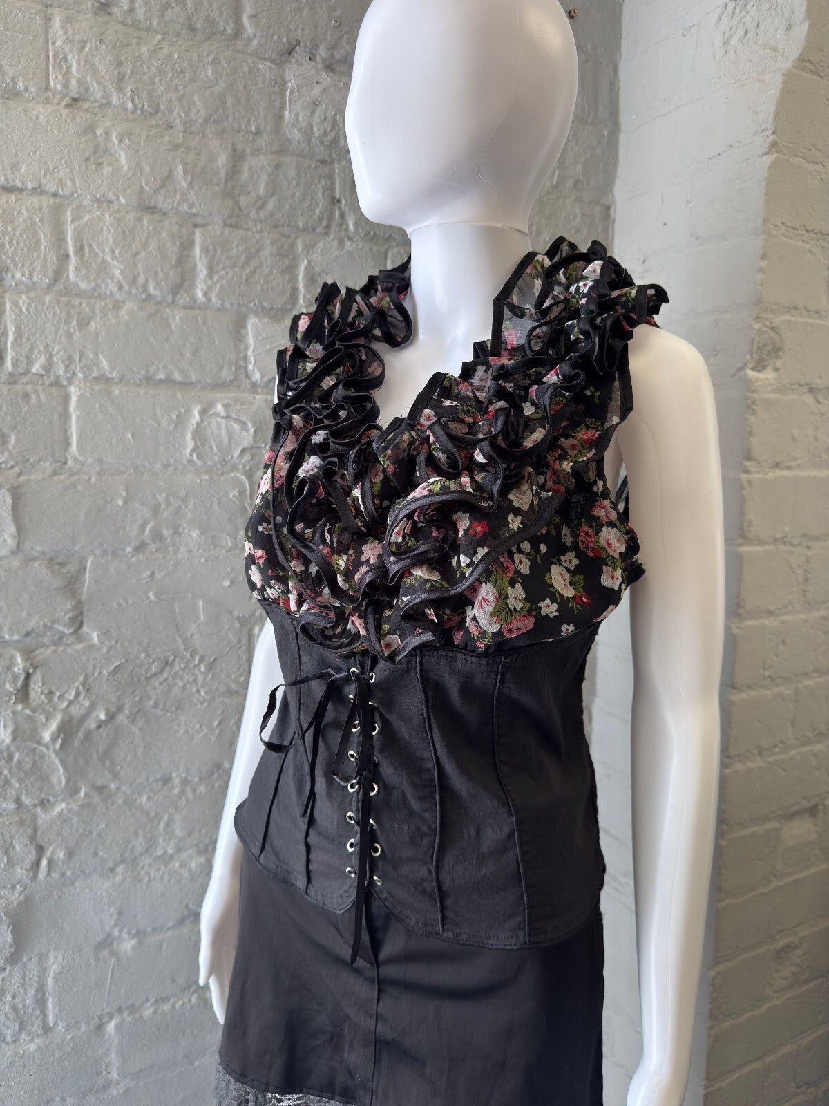 Gothic Floral Ruffle Sheer Corset Top