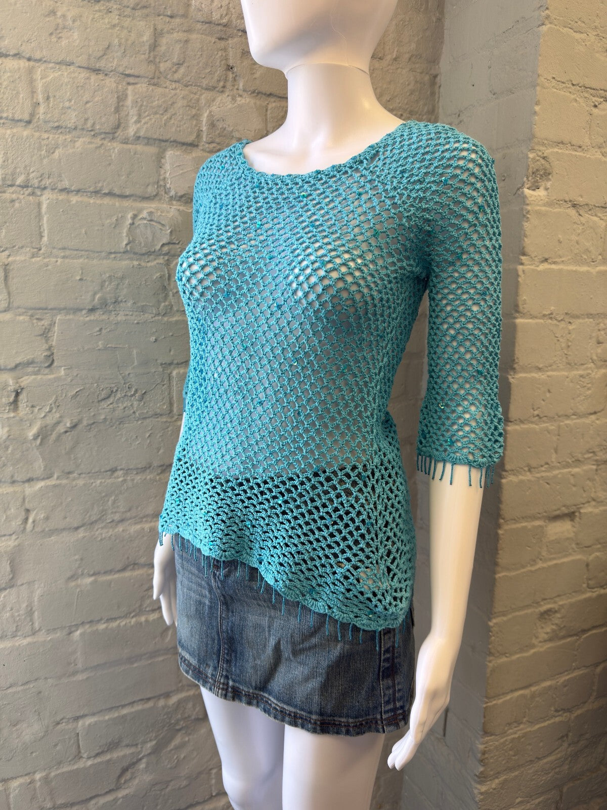 Turquoise Crochet Knit Top with Sequin Details