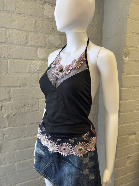 Black Halter Top with Pink Floral Lace Detail and Open Back