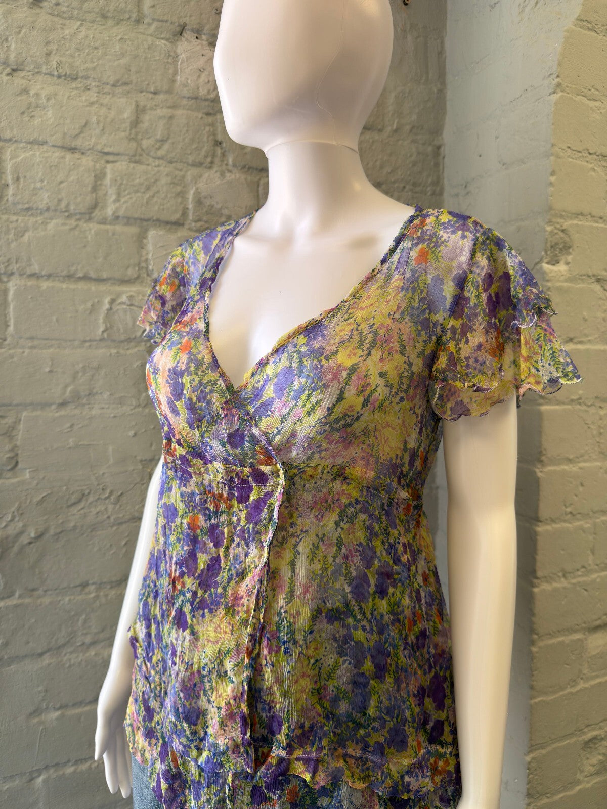 Floral Sheer Silk Wrap Blouse