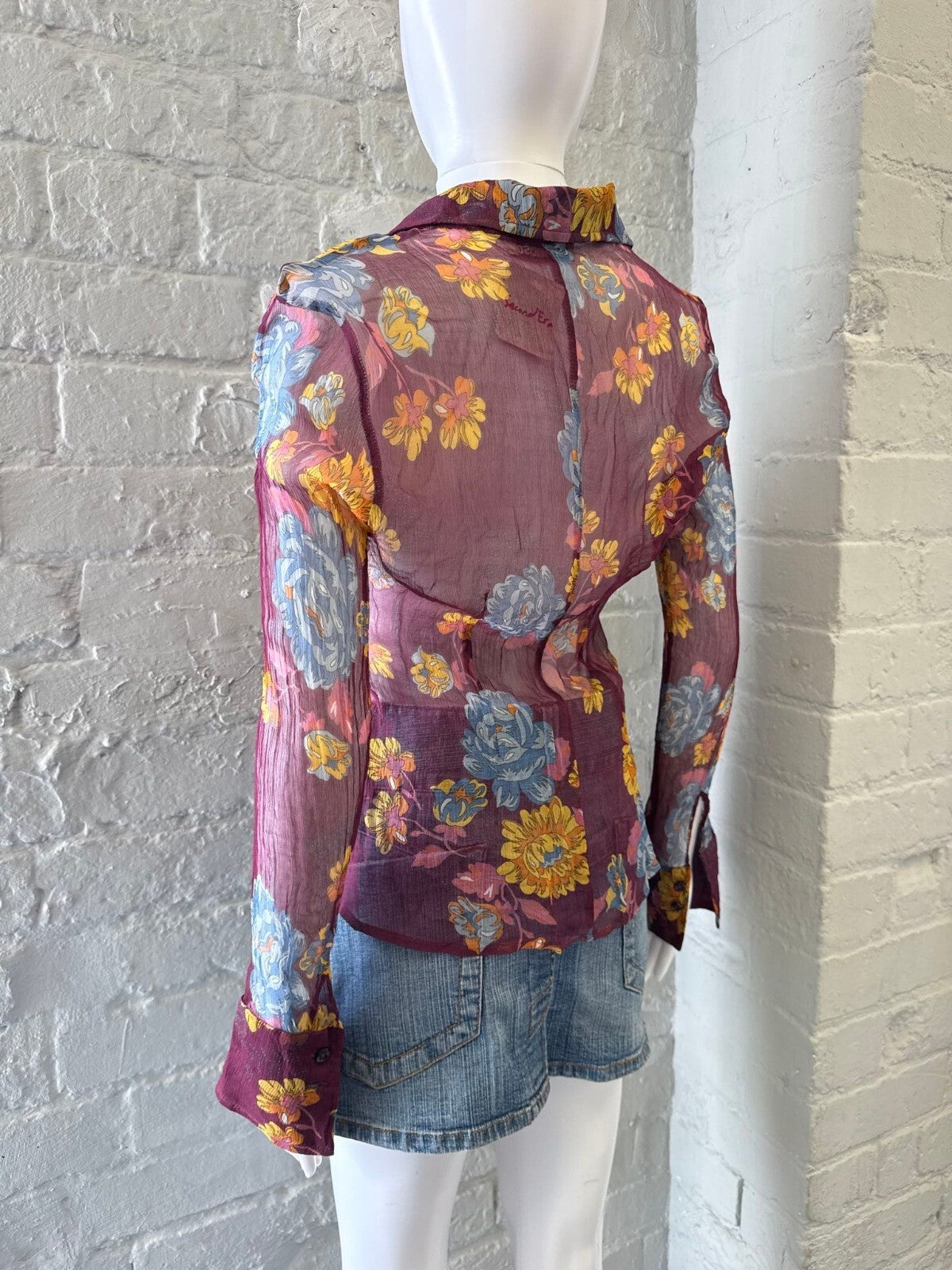 Sheer Floral Button-Up Shirt in Burgundy