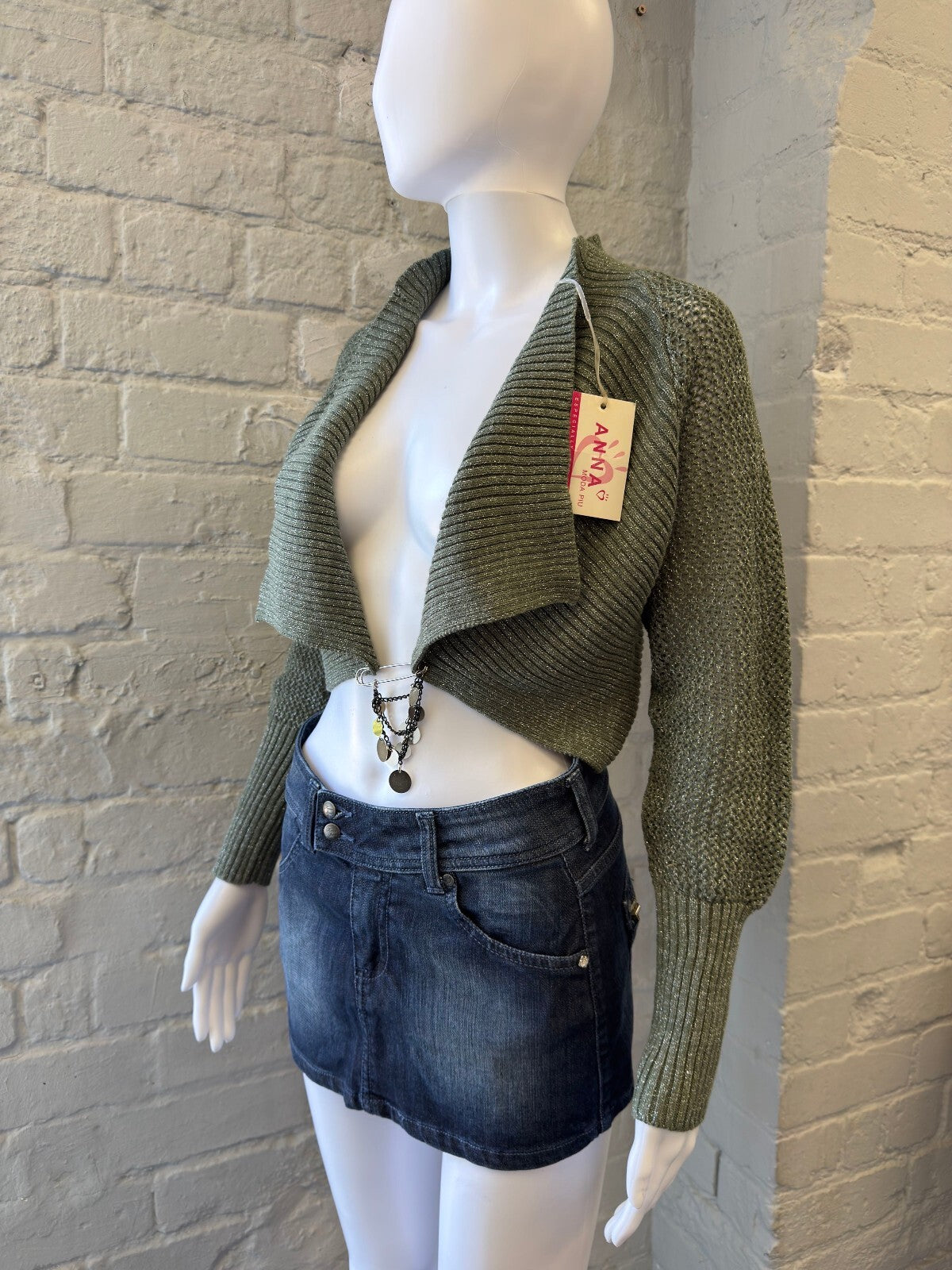 Cropped Knit Cardigan Sweater in Sparkly Olive Green