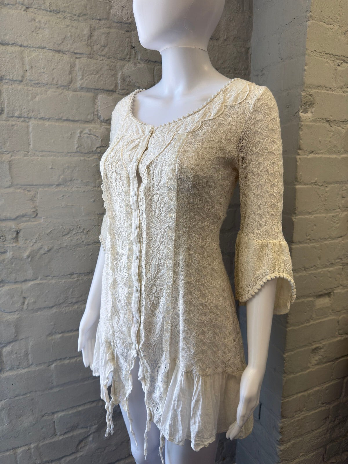 Cream Knit Mini Dress with Flared Sleeves