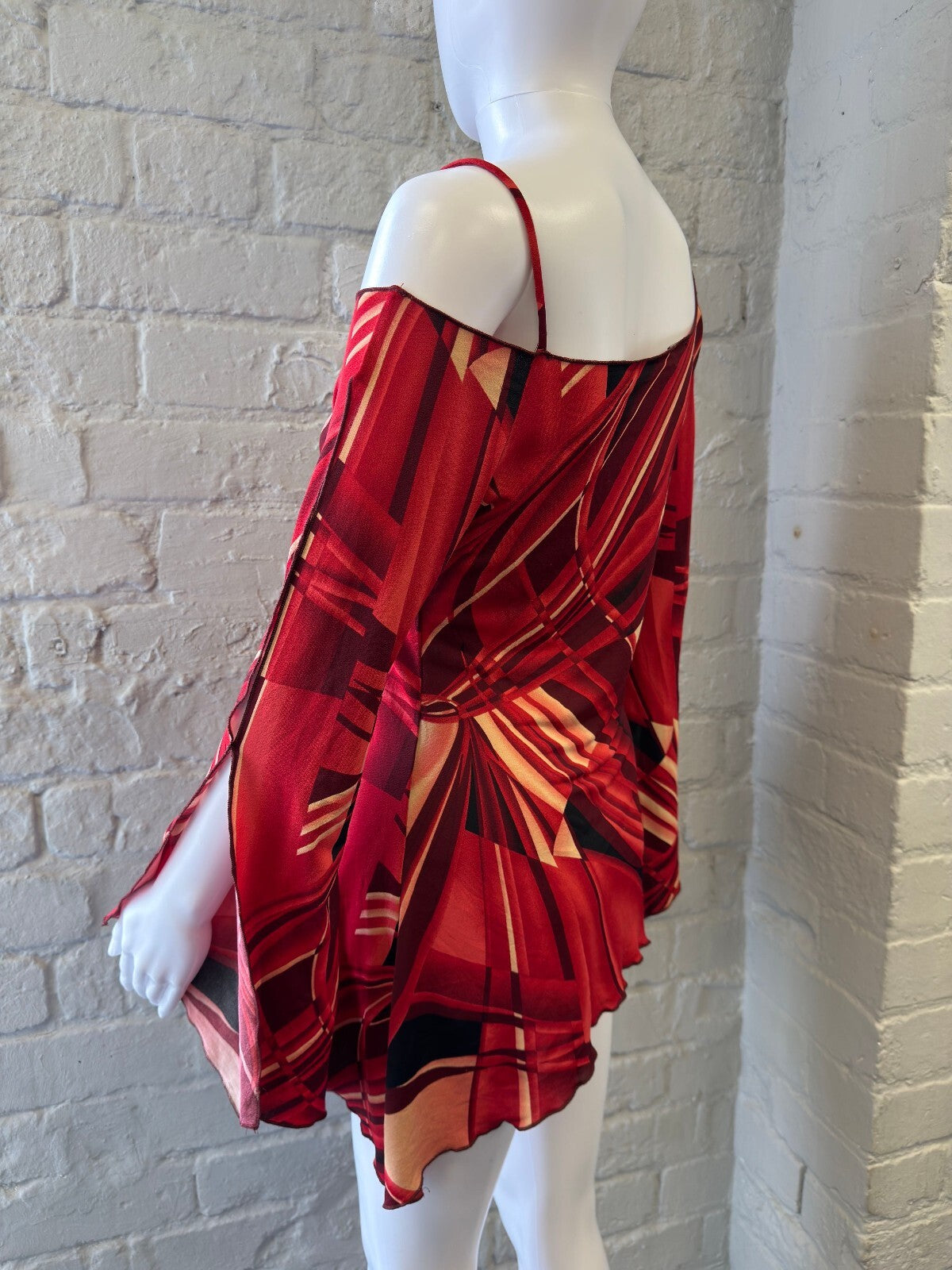 Red Abstract Print Asymmetric Cold Shoulder Mini Dress