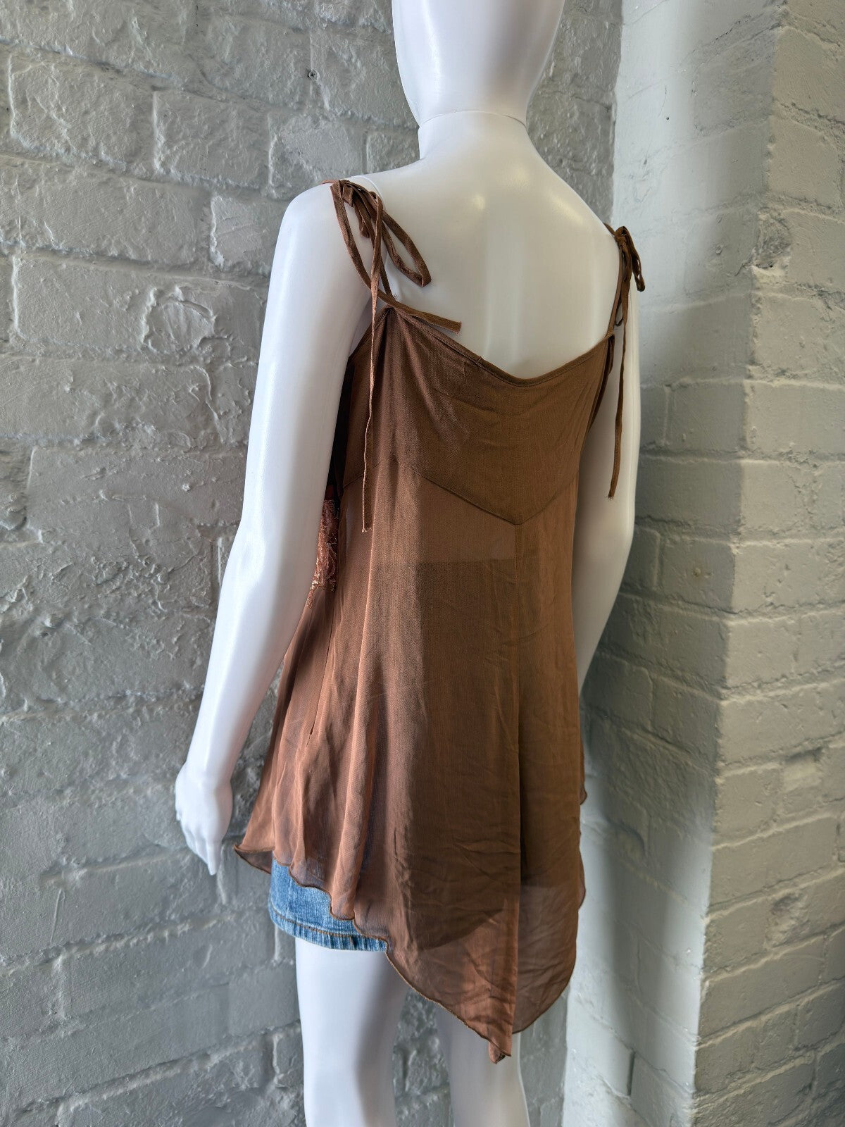 Brown Lace Detail Sheer Cami Top with Ribbon Accent