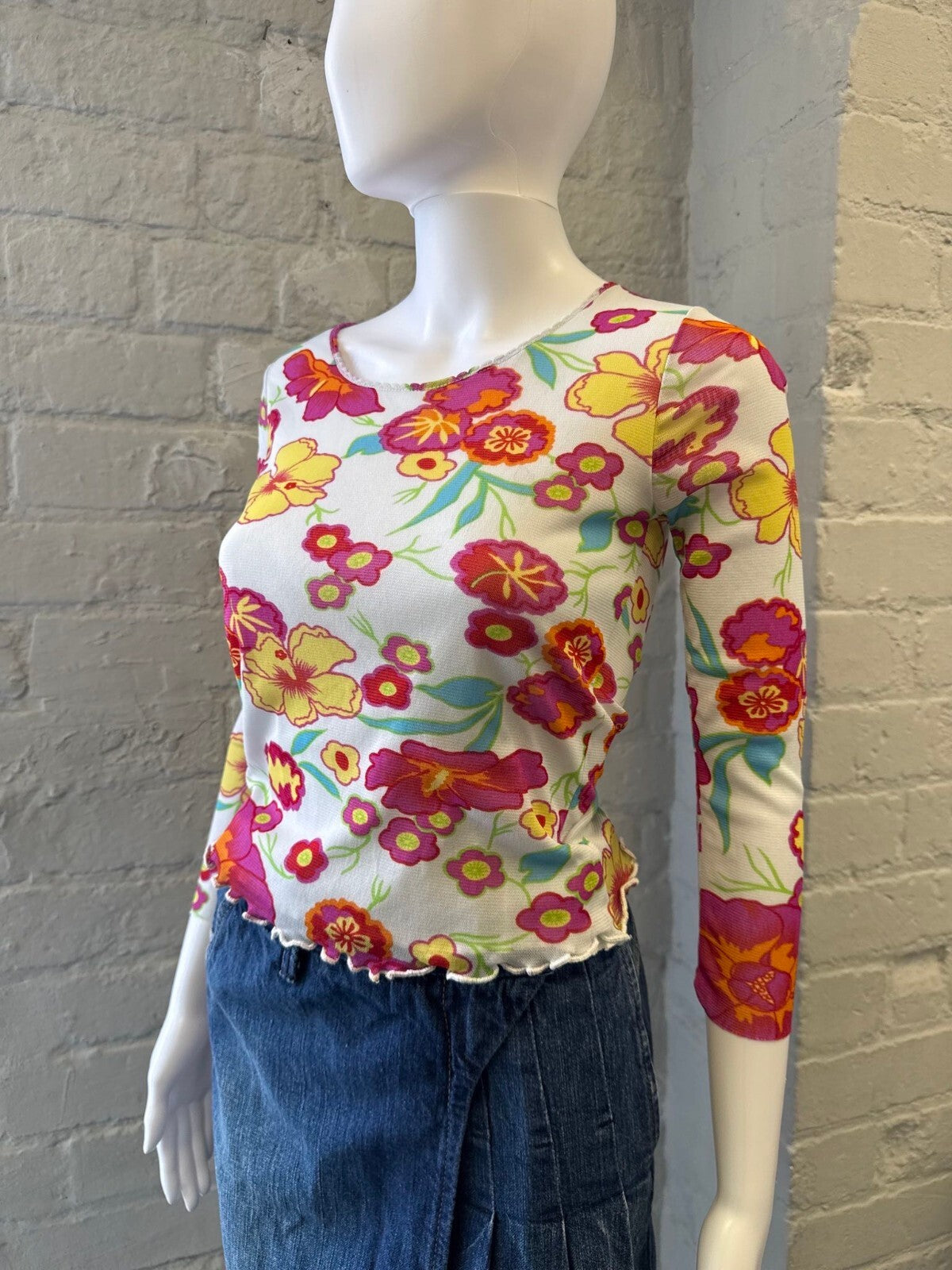2000s Floral Print Mesh 3/4 Sleeve Top