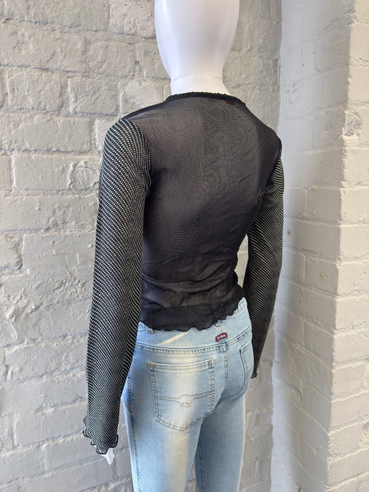 Y2K Black and White Mesh Long Sleeve Top with Keyhole Detail