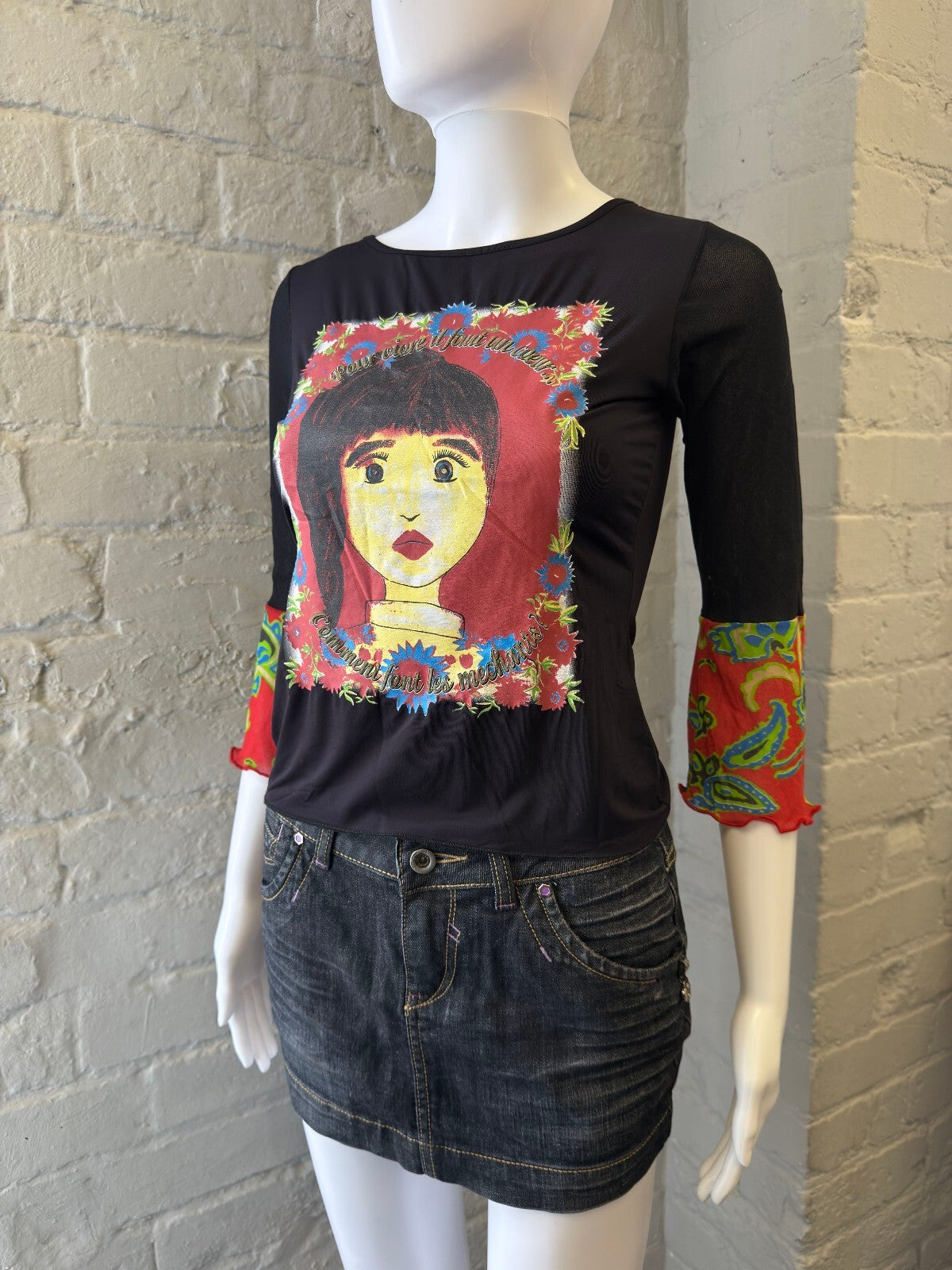 Black Top with Colourful Printed Sleeves and Front Graphic