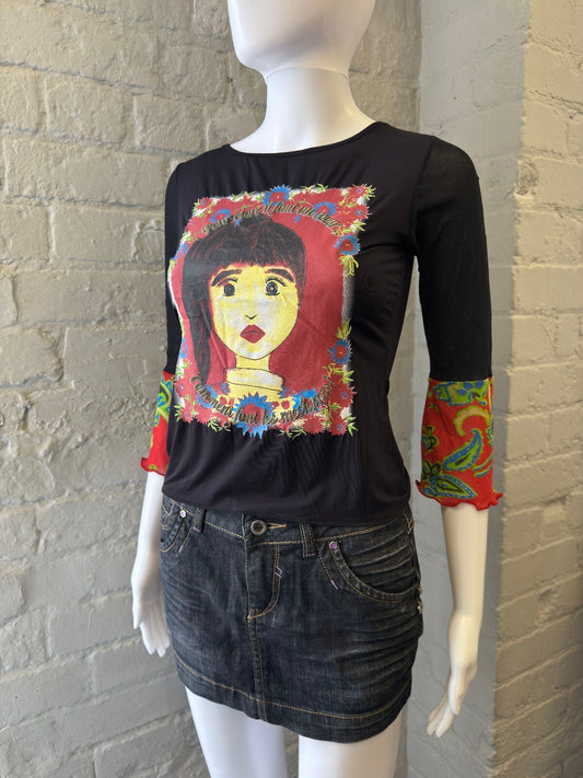 Black Top with Colourful Printed Sleeves and Front Graphic