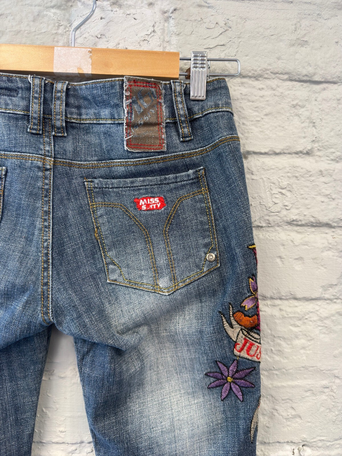 Miss Sixty Denim Capris with Embroidered Butterfly and Floral Design