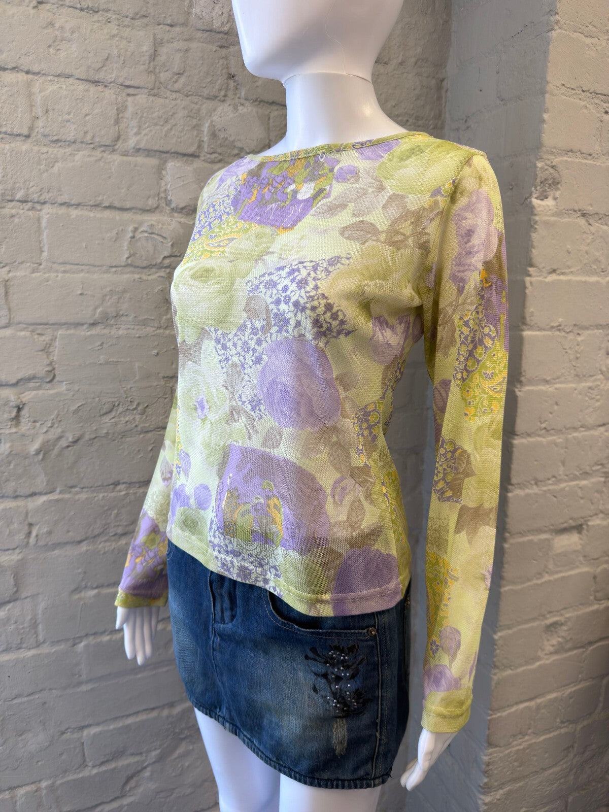 Green and Lilac Floral Print Long Sleeve Top