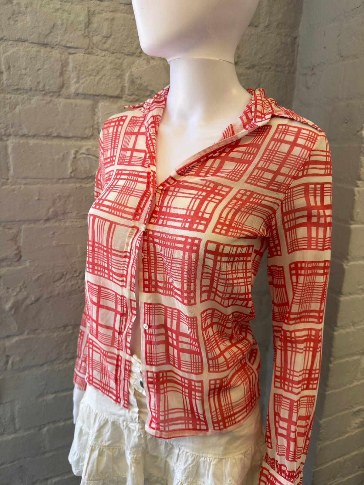 Red and White Checkered Mesh Shirt