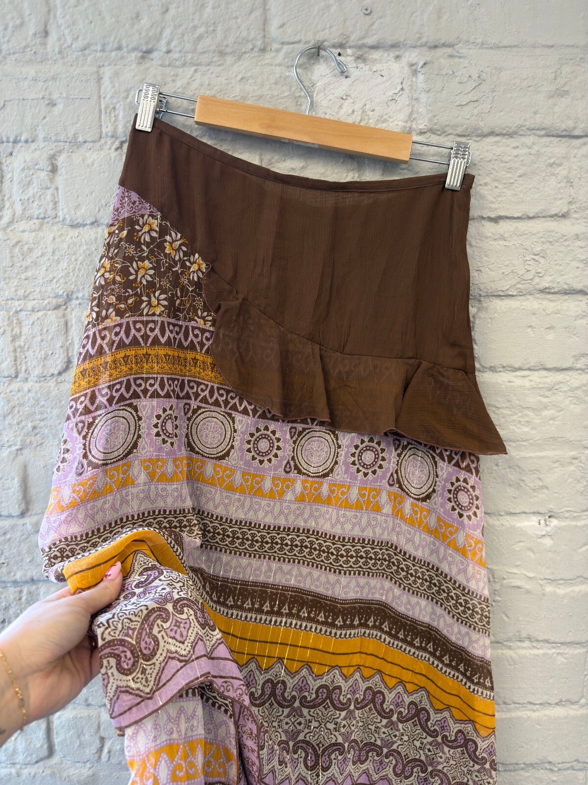 Brown Patterned Boho Ruffle Maxi Skirt