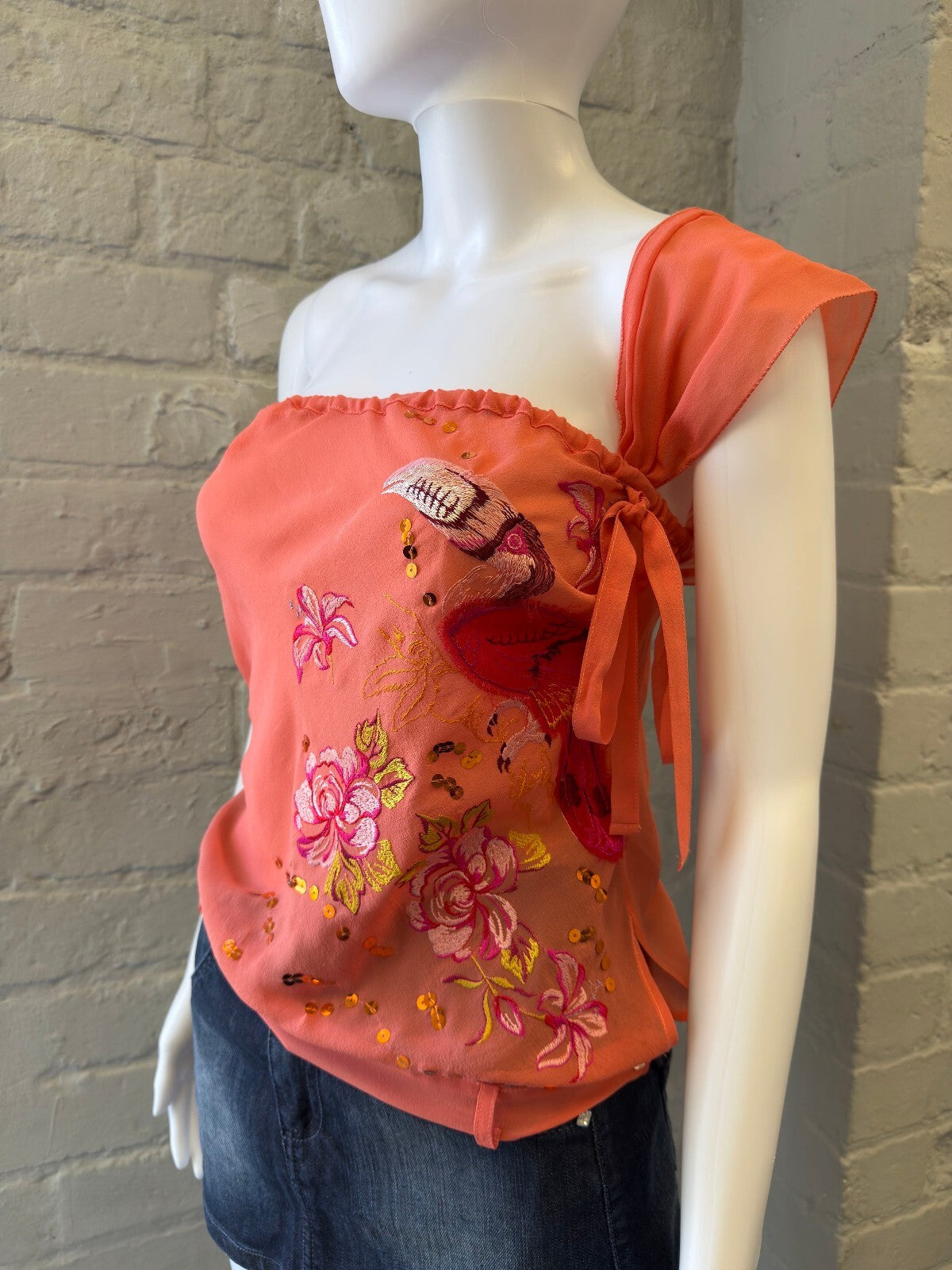 Coral One-Shoulder Embroidered Top with Sequin Detail