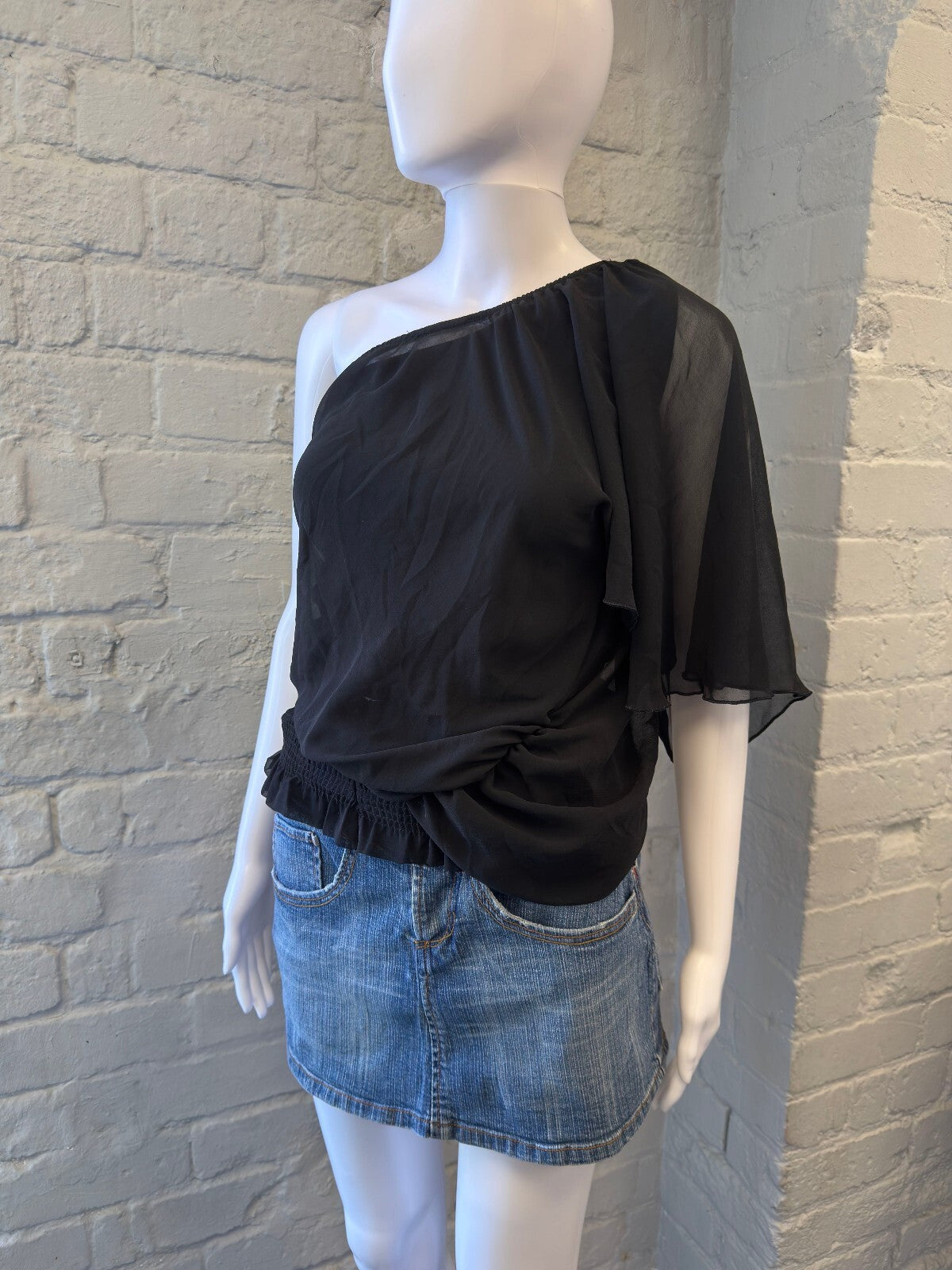 Black One-Shoulder Sheer Sleeve Blouse