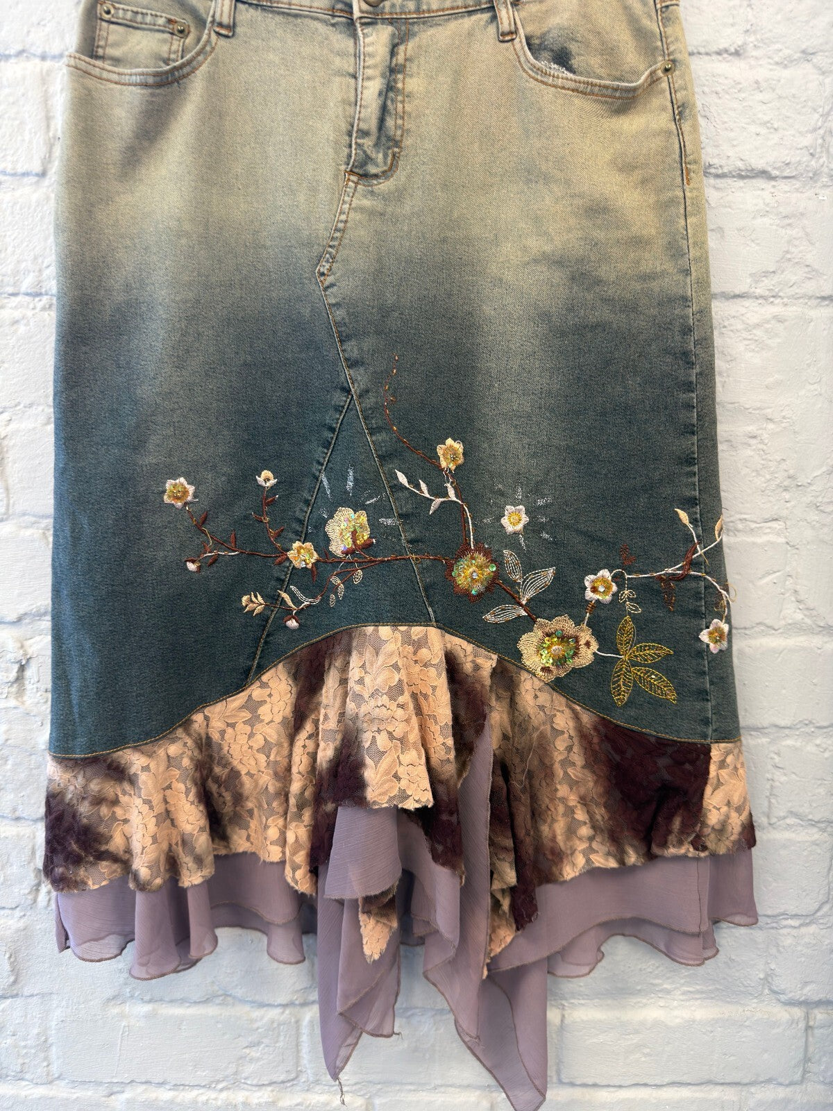 Fairy Embroidered Denim Skirt with Ruffle Hem