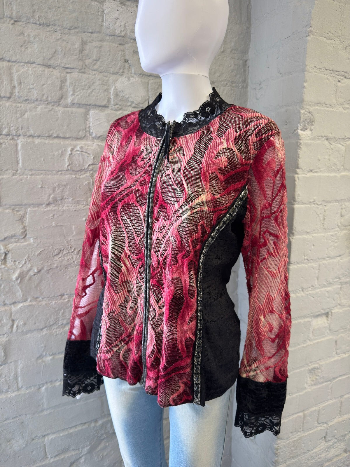 French Vintage Black and Pink Lace Detail Cardigan