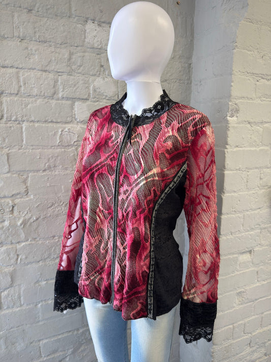 French Vintage Black and Pink Lace Detail Cardigan