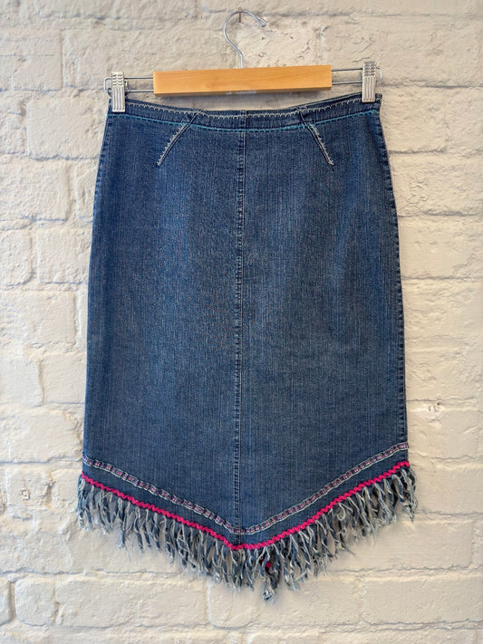 Denim Skirt Y2K with Fringed Hem and Pink Trim