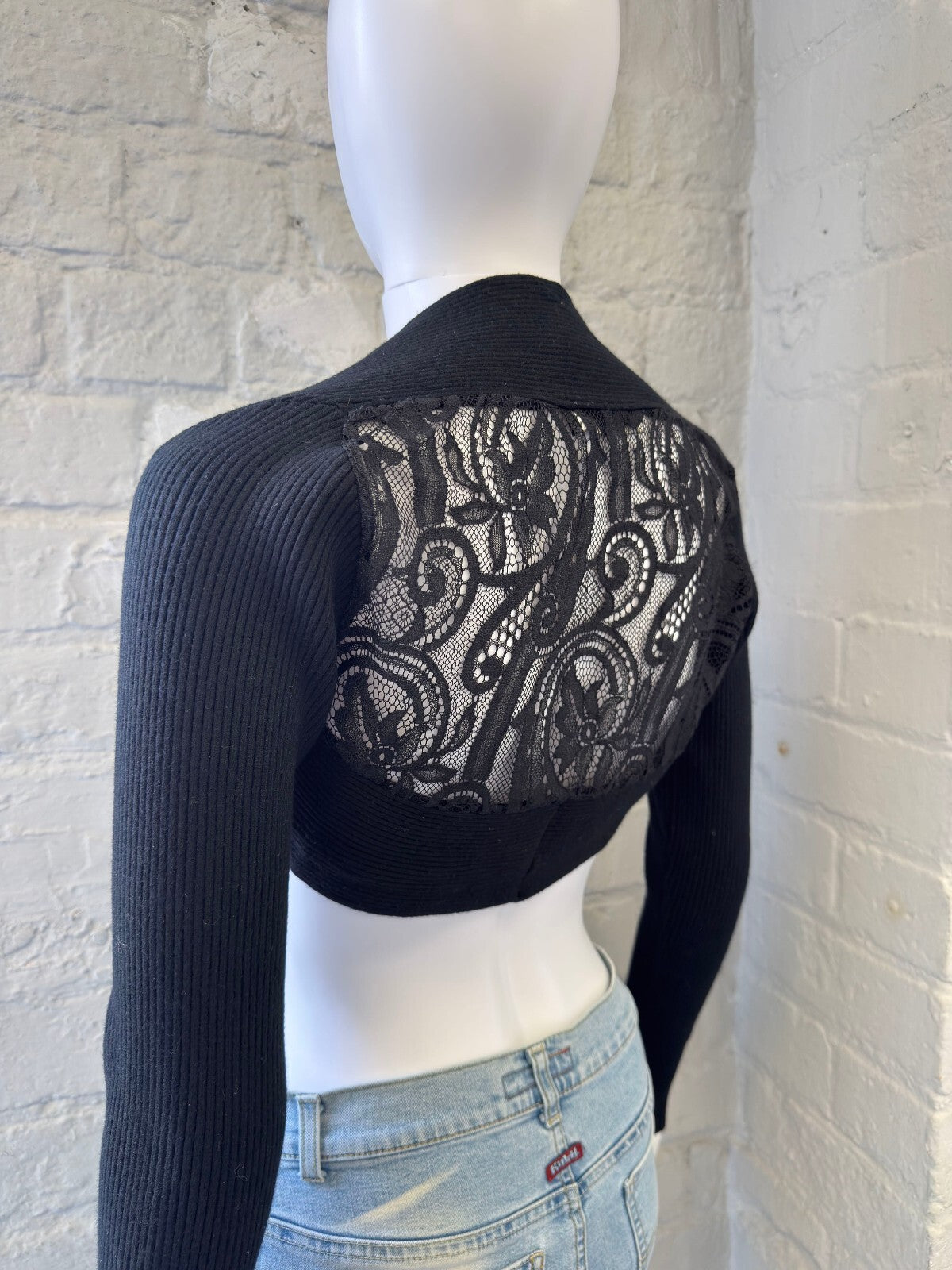Black Ribbed Knit Bolero with Lace Back Detail