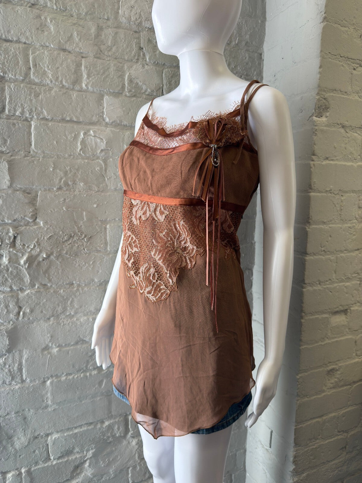 Brown Lace Detail Sheer Cami Top with Ribbon Accent