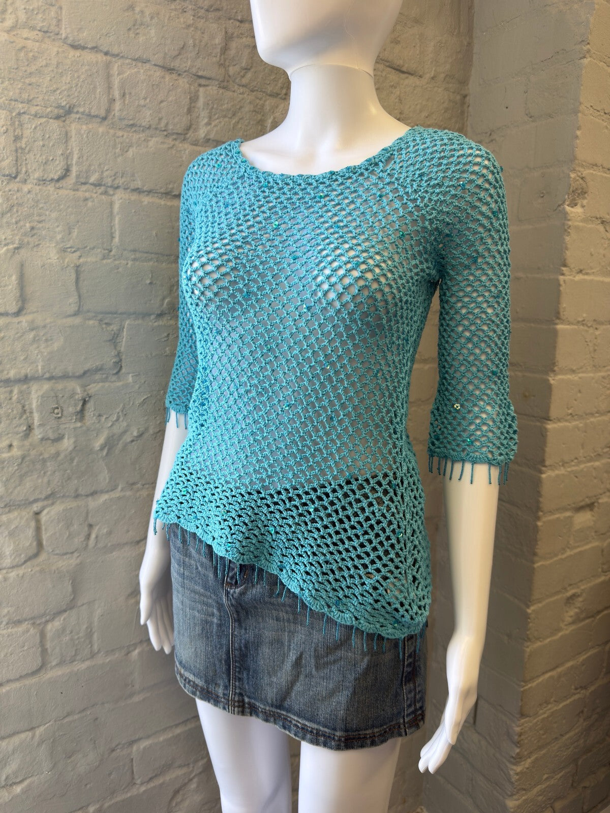 Turquoise Crochet Knit Top with Sequin Details