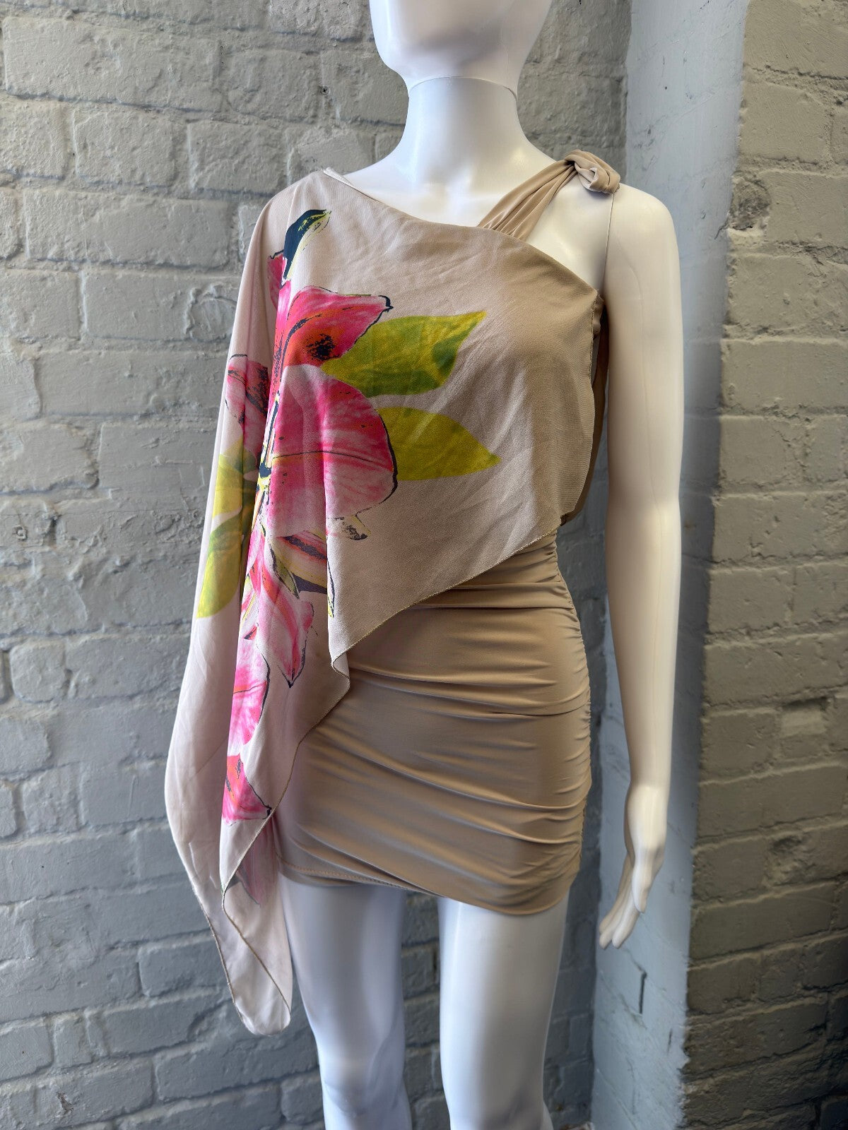 Asymmetrical Beige Mini Dress with Floral Overlay