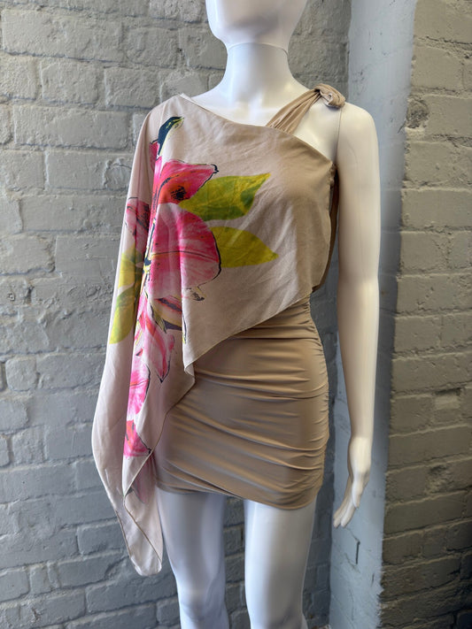 Asymmetrical Beige Mini Dress with Floral Overlay