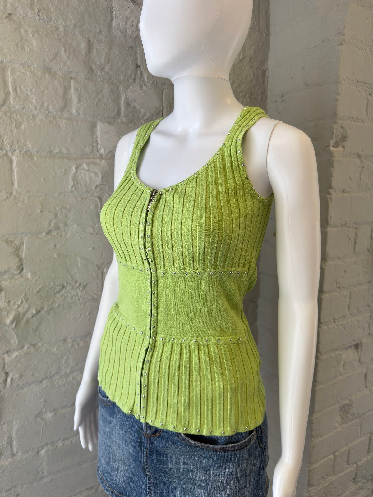 Lime Green Ribbed Tank Top with Stud Details